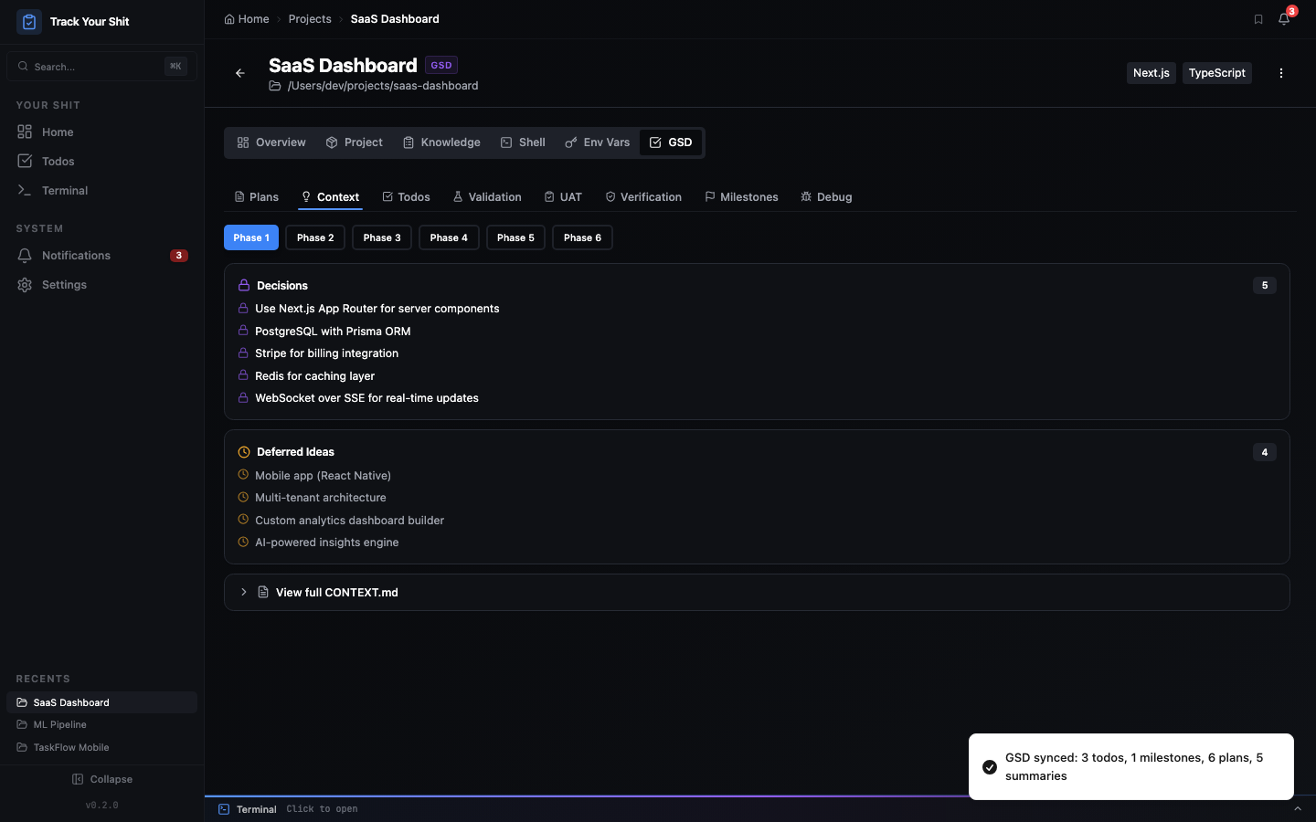 GSD Context tab showing architectural decisions and deferred ideas per phase