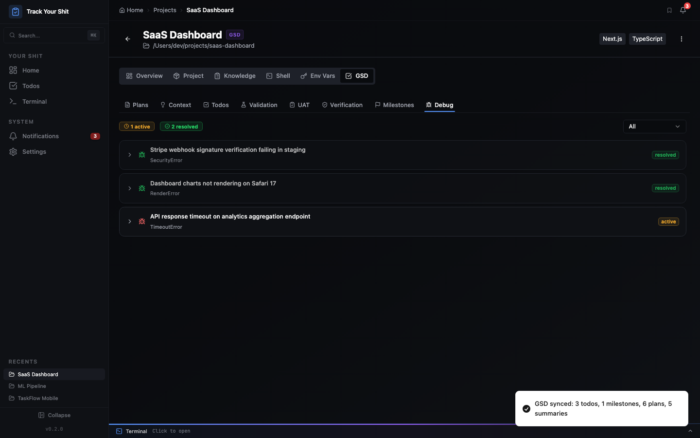 GSD Debug tab showing active and resolved debug sessions with error types