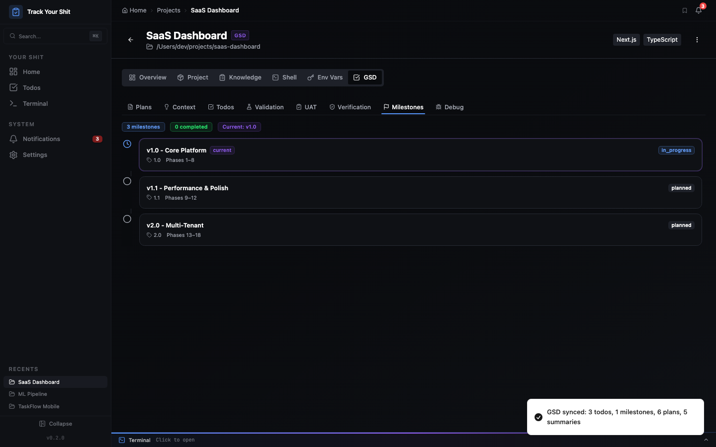 GSD Milestones tab showing version timeline with current milestone and phase ranges