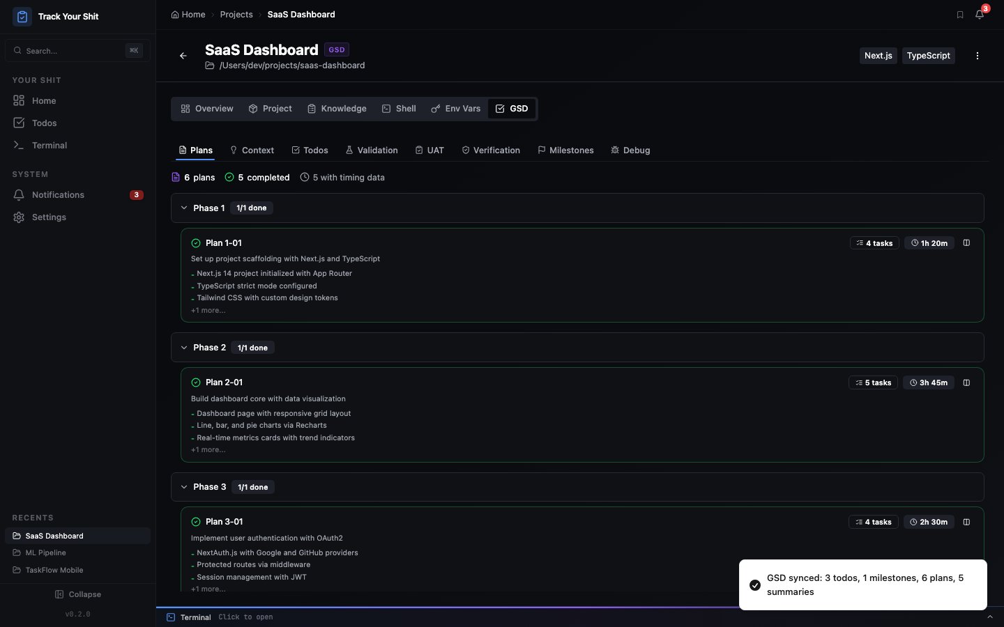 GSD Plans tab showing phase plans with tasks, timing data, and completion summaries