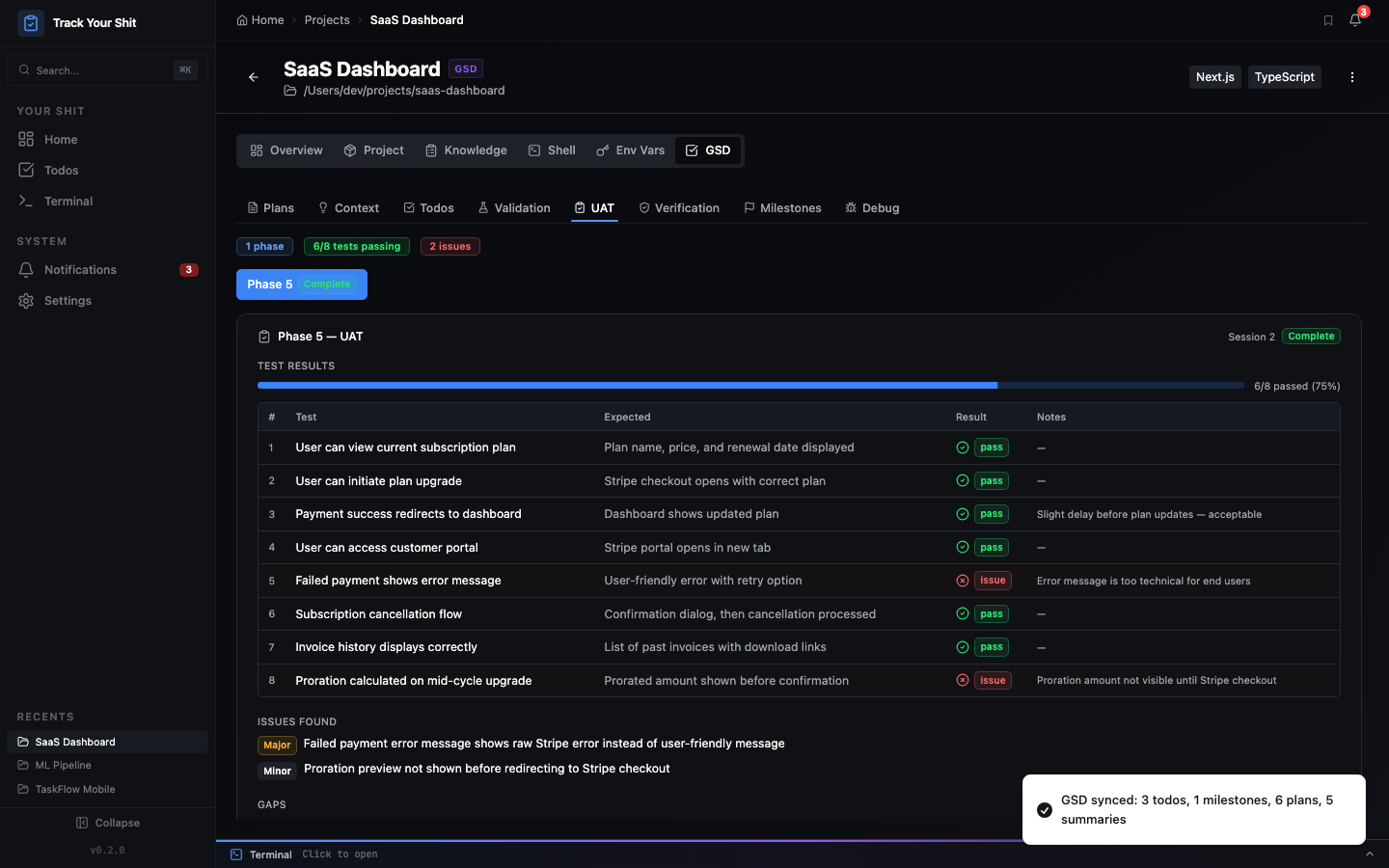 GSD UAT tab showing user acceptance test results with pass/issue/pending status