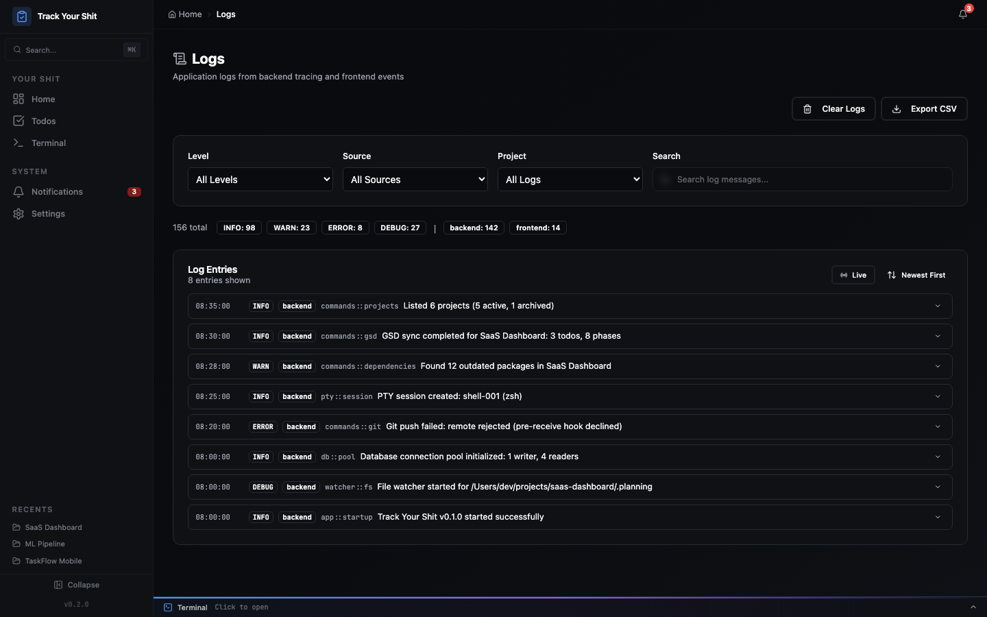 Application logs with level filtering, source filtering, and search