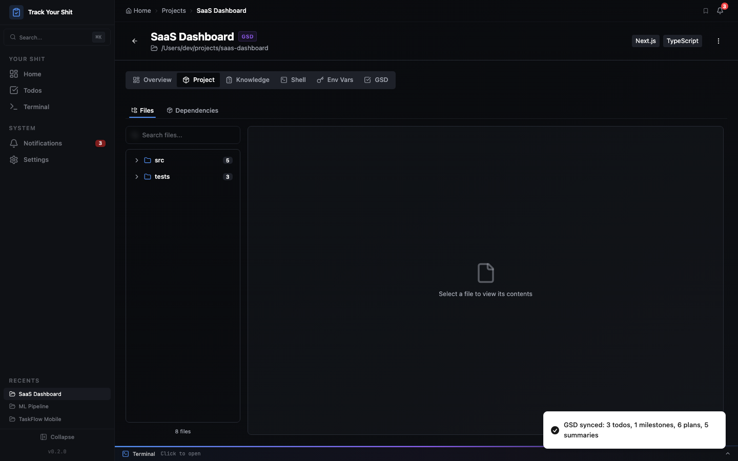 Project file browser with folder tree and file listing
