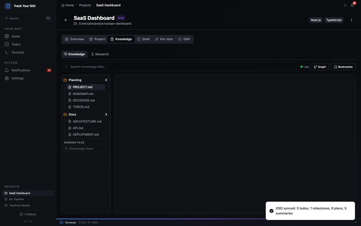Knowledge tab showing planning and documentation files with folder structure
