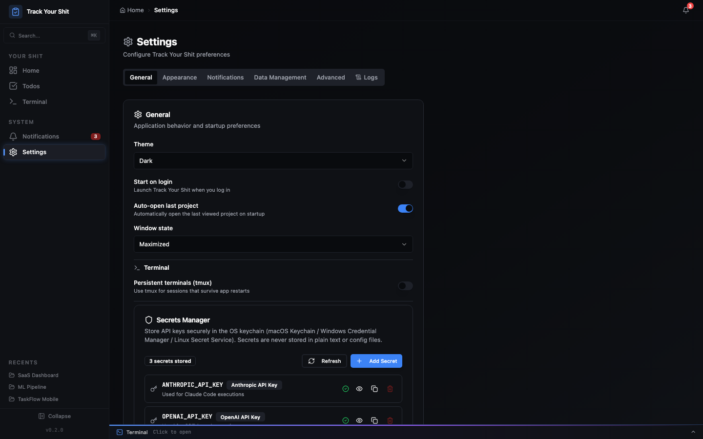 Settings page with theme, secrets manager, and app configuration